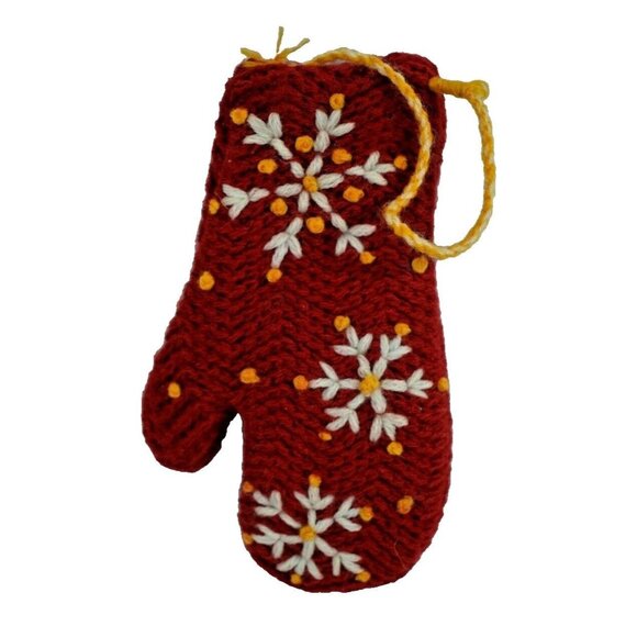 Handmade Knit Red Mitten with Snowflakes Christmas Tree Ornament - Picture 1 of 2